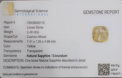 GSI Certified 2.49ct Yellow Ceylon Sapphire, 100% Natural Untreated Gemstone