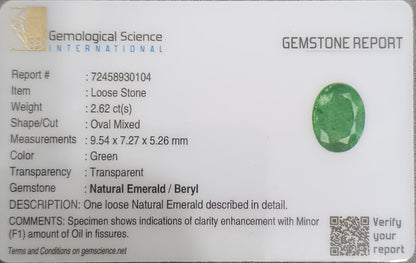 GSI Certified 2.62ct Vivid Green Zambian Emerald, 100% Natural Gemstone