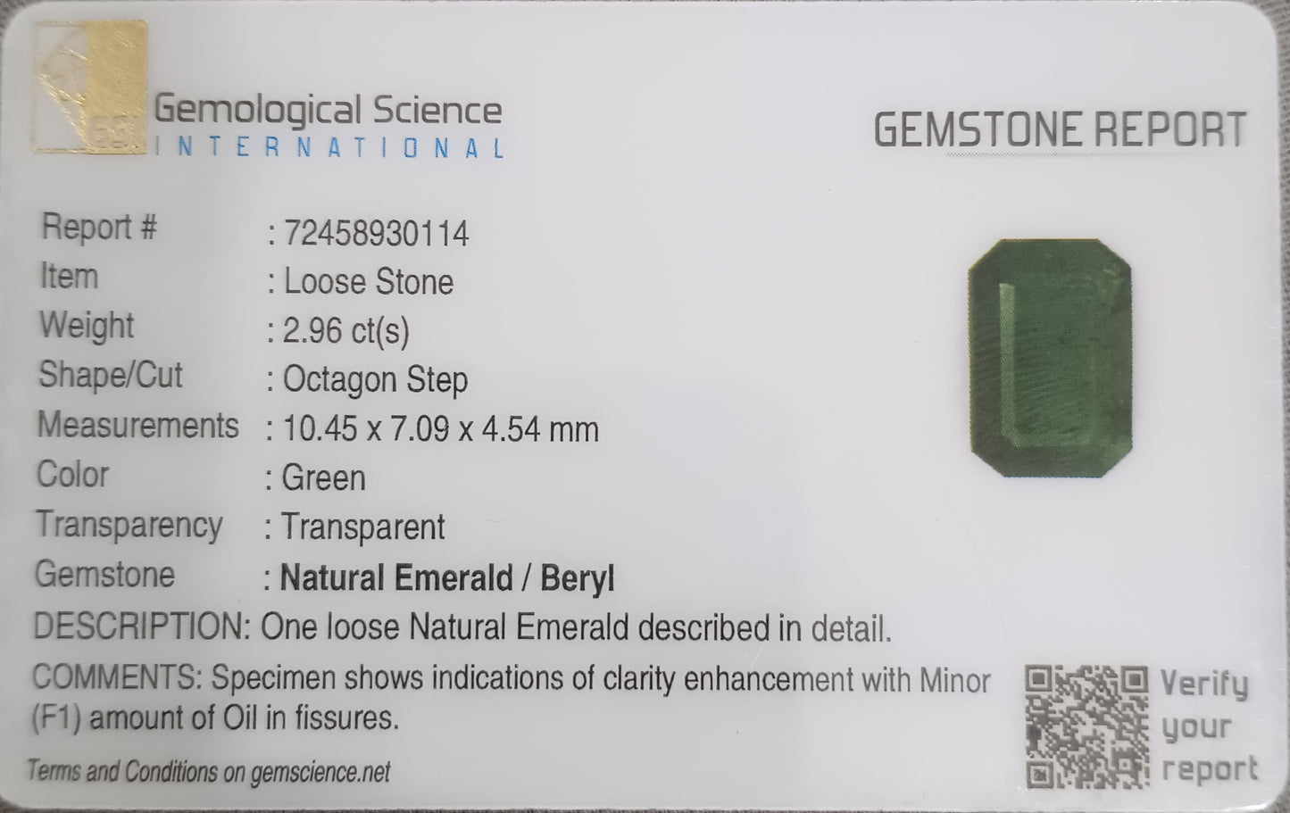 GSI Certified 2.96ct Deep Leaf Green Emerald, 100% Natural Gemstones