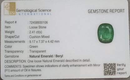 GSI Certified 2.41ct Zambian Emerald, 100% Natural Emerald