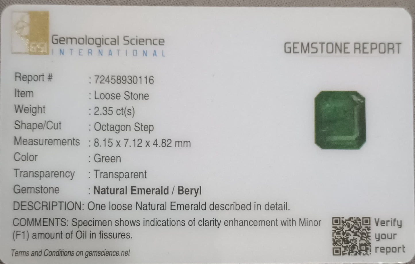 GSI Certified 2.35ct Zambian Emerald, 100% Natural Gemstone