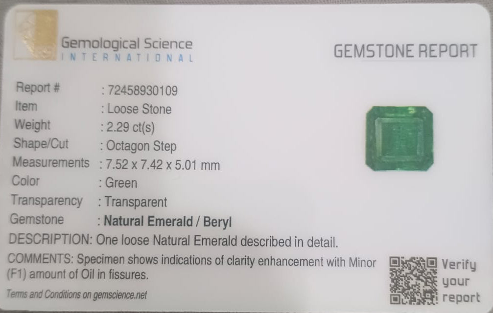 GSI Certified 2.29ct Medium Deep Pure Green Emerald, 100% Natural Gemstones