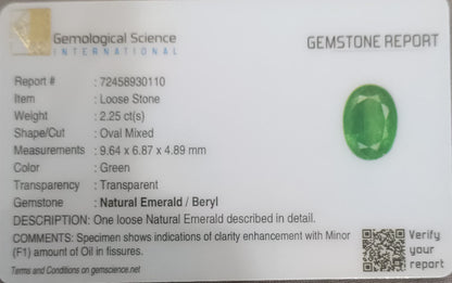 GSI Certified 2.25ct Intense Medium Green, Zambian Emerald, 100% Natural Gemstone