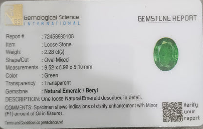 GSI Certified 2.28ct Vivid Green Zambian Emerald, 100% Natural Gemstone