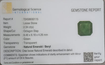 GSI Certified 2.34ct Zambian Emerald, 100% Natural Gemstone