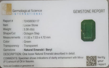 GSI Certified 3.38ct Velvet Green Emerald, 100% Natural Gemstone