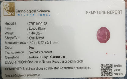 GSI Certified 1.40ct Ruby Natural Untreated Gemstone - SMSGEMS 