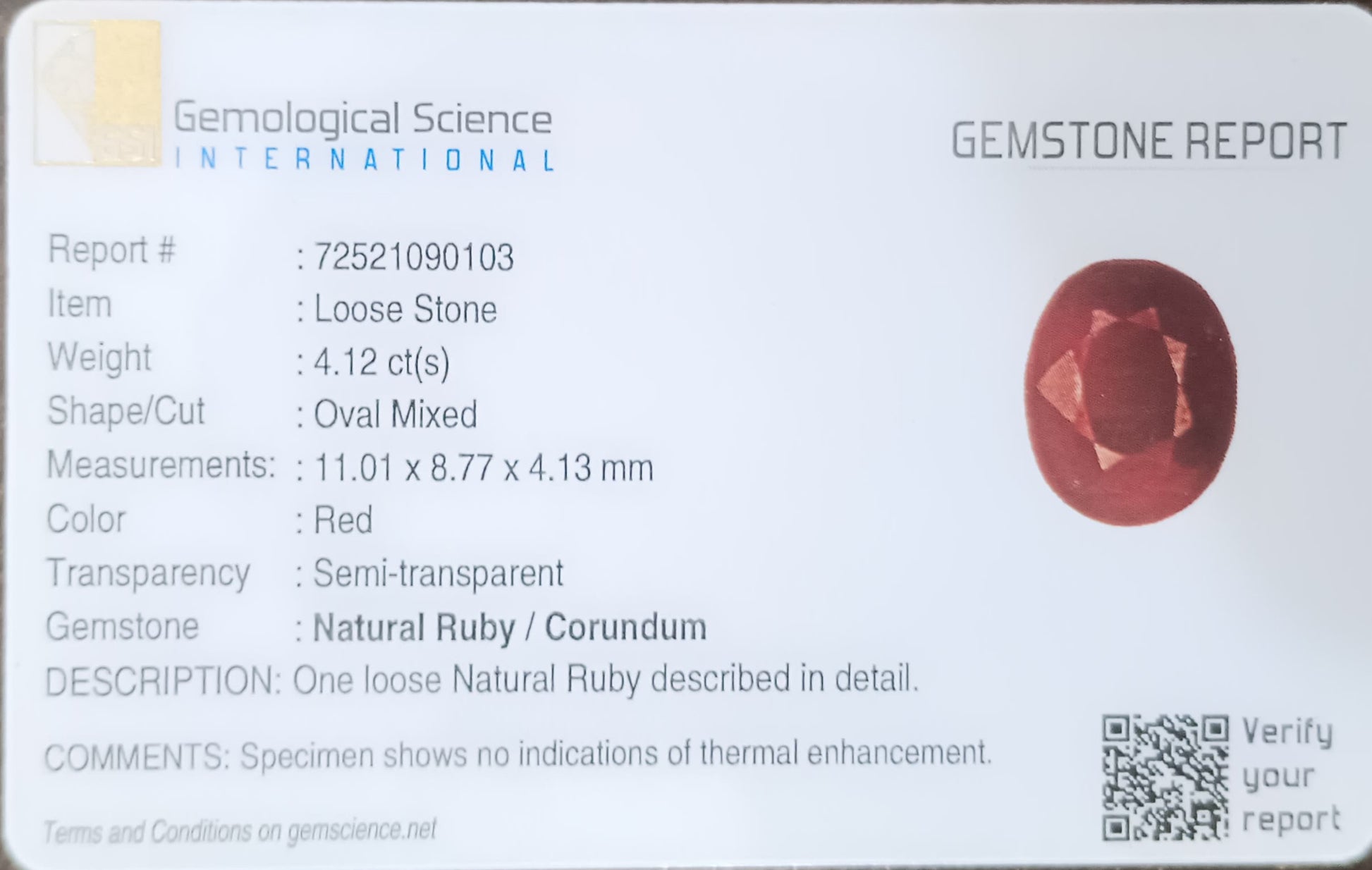 GSI Certified 4.12ct Ruby Natural Untreated Gemstone - SMSGEMS 