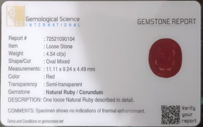 GSI Certified 4.54ct Ruby Natural Untreated Gemstone - SMSGEMS 