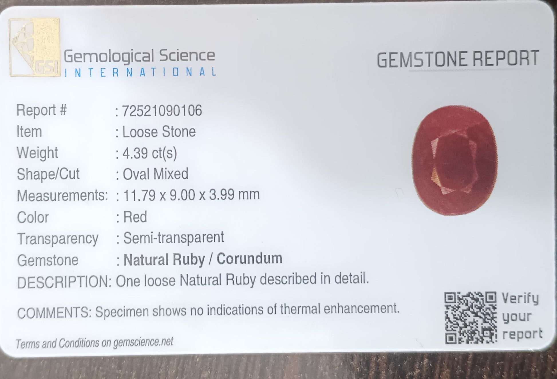 GSI Certified 4.39ct Ruby Natural Untreated Gemstone - SMSGEMS 