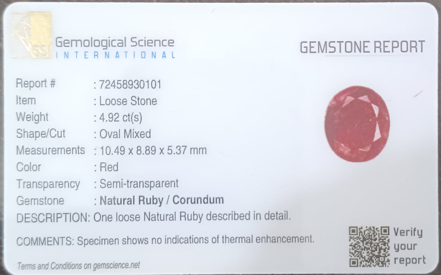 GSI Certified 4.92ct Ruby Natural Earth Mined Gemstone - SMSGEMS 