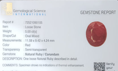 GSI Certified 5.00ct Ruby Natural Untreated Gemstone - SMSGEMS 