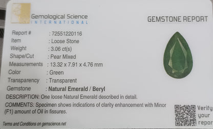 GSI Certified 3.06ct Velvet Green Emerald Natural Earth Mined Gemstone - SMSGEMS 