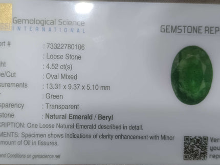 4.52ct Certified Natural Zambian Emerald