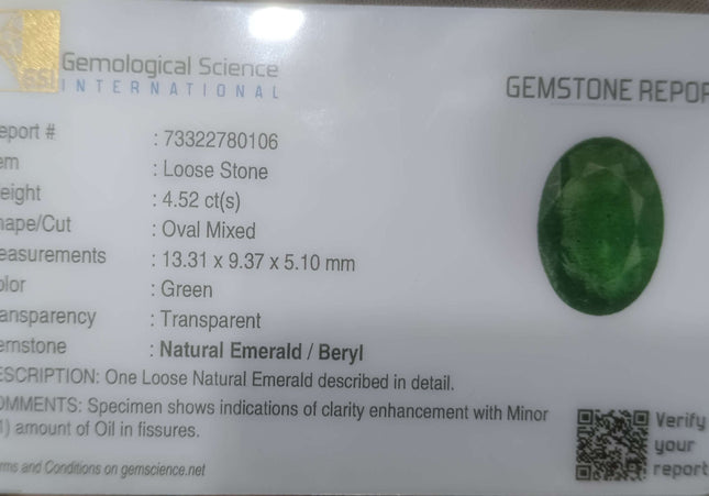 4.52ct GSI USA Certified Medium Green Zambian Emerald Minor Oiled Loose Gemstone