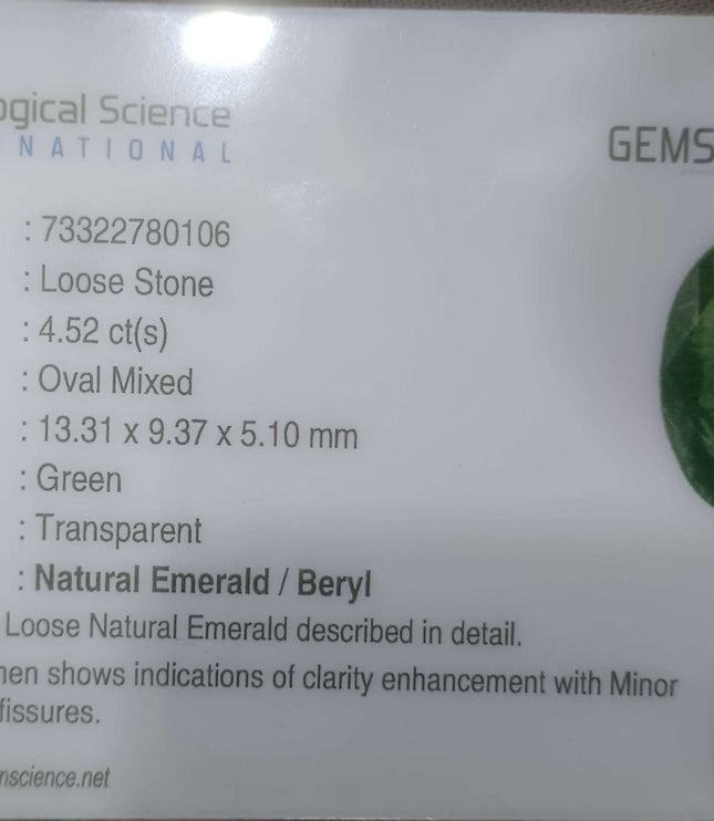 4.52ct Certified Natural Zambian Emerald