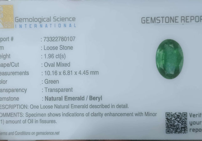 1.96ct GSI Certified Deep Golden Green Swat Emerald Minor Oiled Loose Gemstone