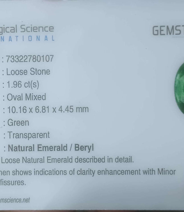 Swat Emerald 1.96ct Certified Natural Emerald Stone
