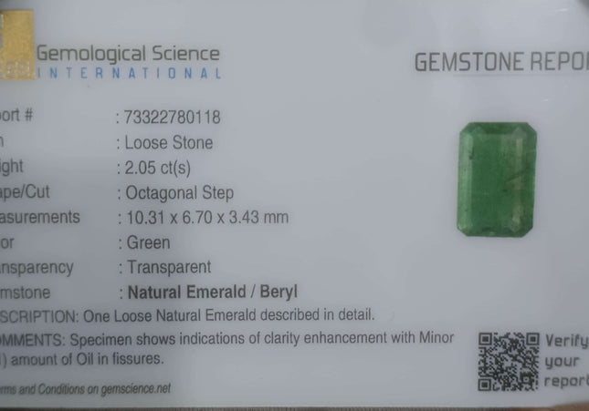 2.05ct GSI USA Certified Medium Light Green Panjshir Emerald Minor Oiled Loose Gemstone