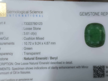 3.61ct Swat Emerald, Certified Natural Medium Deep Green Cushion Cut Gemstone
