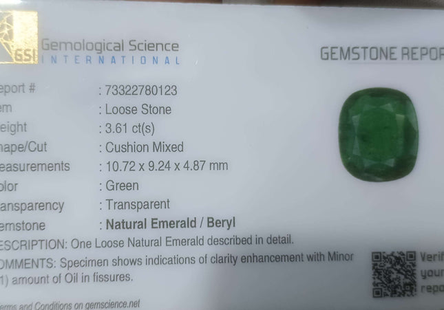 3.61ct GSI USA Certified Medium Deep Green Swat Emerald Minor Oiled Loose Gemstone