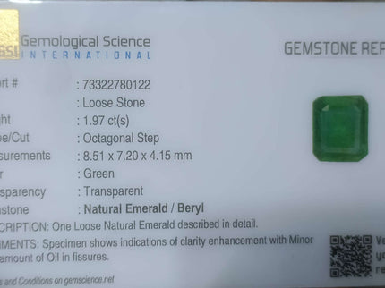 1.97ct Certified Natural Zambian Emerald Stone