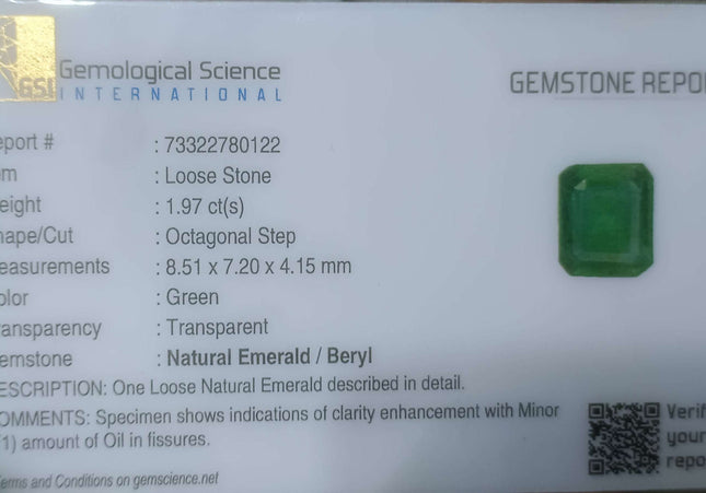 1.97ct GSI Certified Medium Spring Green Zambian Emerald