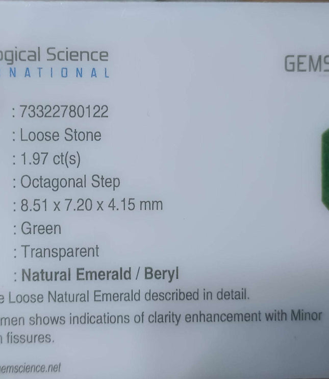 1.97ct Certified Natural Zambian Emerald Stone