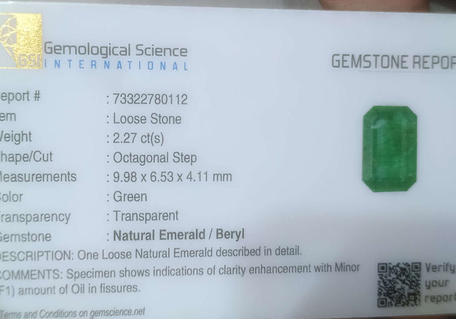 2.27ct GSI Certified Medium Green Panjshir Emerald Minor Oiled Loose Gemstone