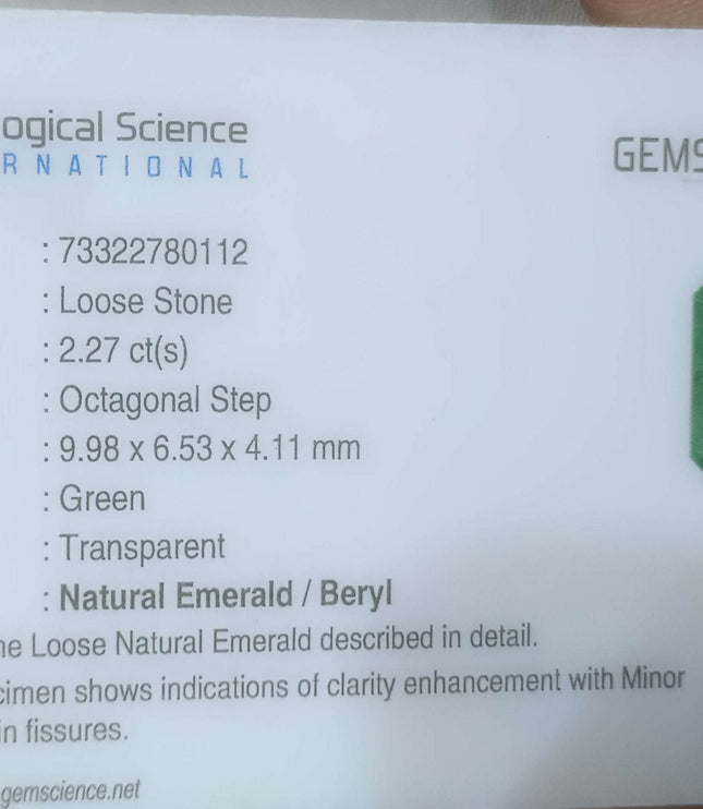 2.27ct Panjshir Emerald, Certified Natural Octagon cut stone