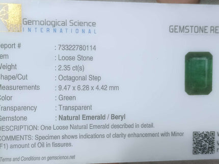 2.35ct Certified Zambian Natural Emerald Octagon Cut Loose Stone