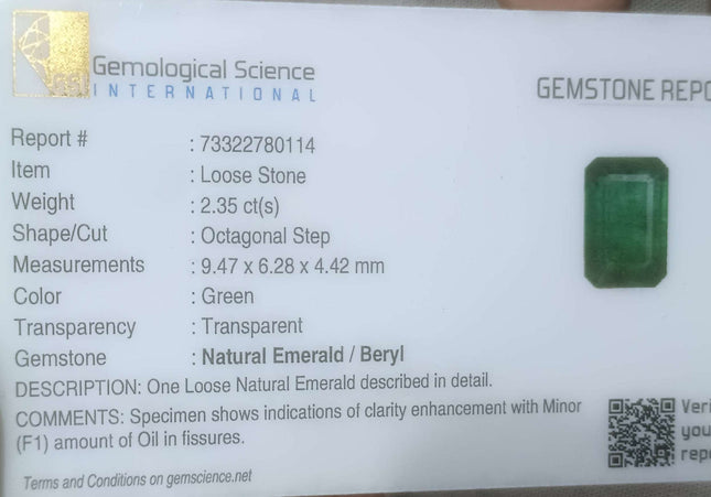 2.35ct GSI Certified Deep Green Zambian Emerald Minor Oiled Loose Gemstone