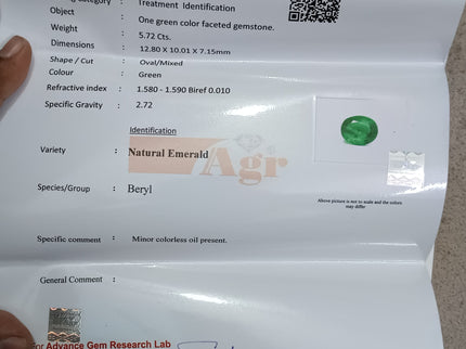 Swat Emerald 5.72ct Vivid Green Certified Natural Oval Cut Stone.