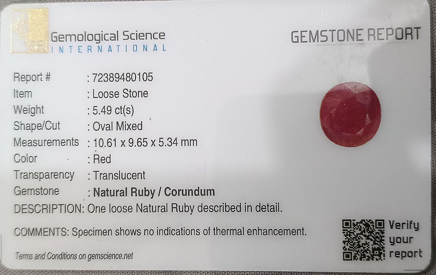 GSI Certified 5.49ct Ruby , 100% Natural Ruby