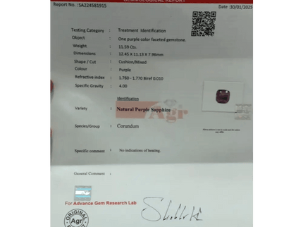 11.59ct Natural Untreated Purple Ceylon Sapphire AGRL Certified - SMSGEMS 