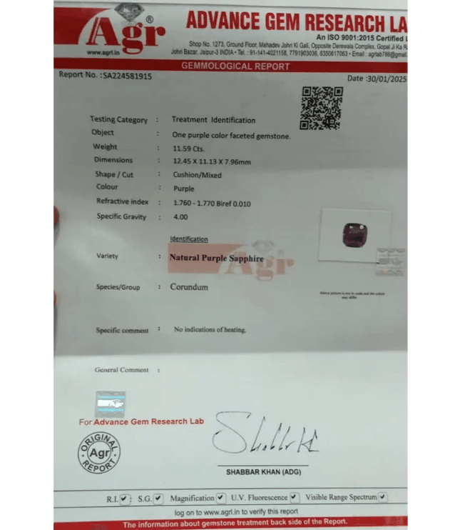 11.59ct Natural Untreated Purple Ceylon Sapphire AGRL Certified - SMSGEMS 