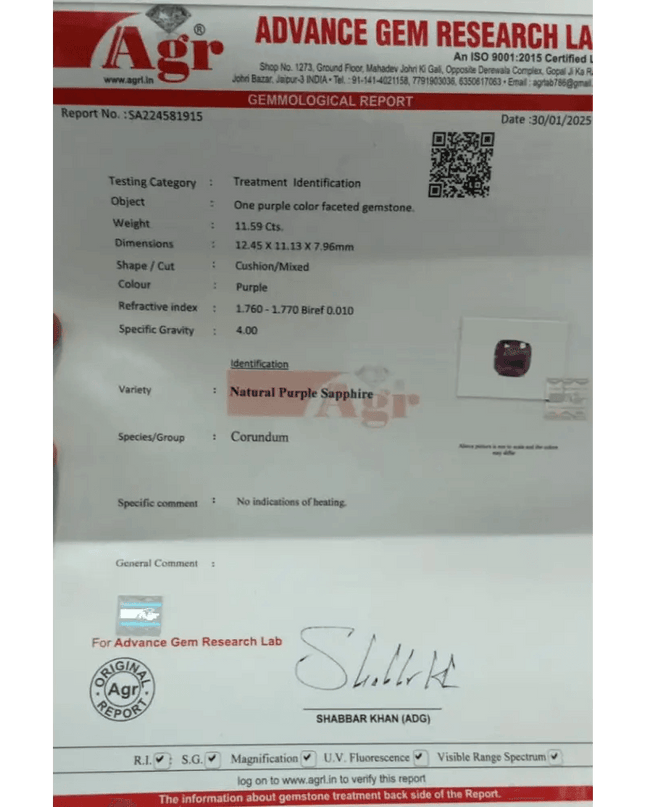 11.59ct Natural Untreated Purple Ceylon Sapphire AGRL Certified - SMSGEMS 