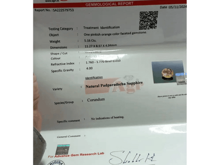 AGRL Certified 5.16ct Padparadscha Sapphire, Natural Earth Mined Gemstone - SMSGEMS 