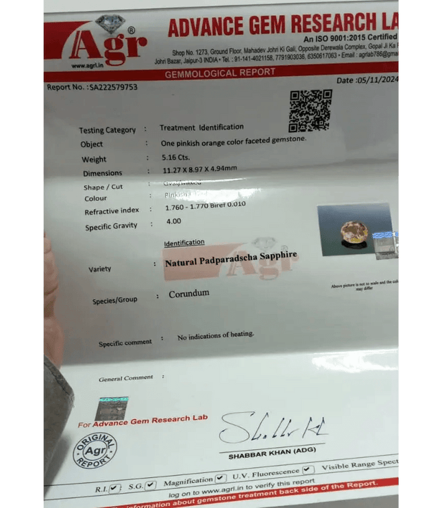 AGRL Certified 5.16ct Padparadscha Sapphire, Natural Earth Mined Gemstone - SMSGEMS 