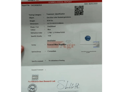 AGRL Certified 8.54ct Natural Untreated Blue Ceylon Sapphire - SMSGEMS 