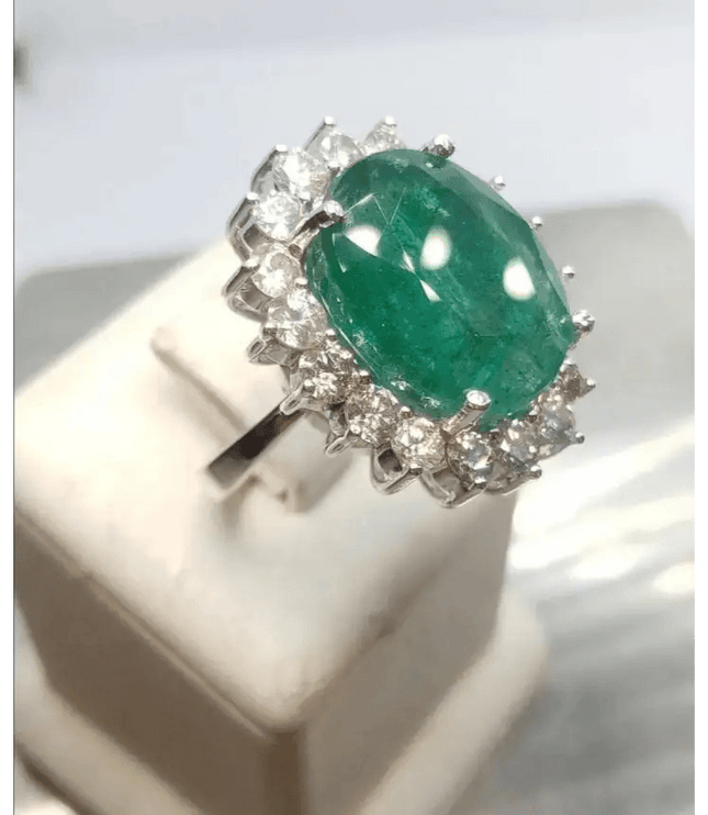 Beautiful 14kt White Gold ring set with untreated Emerald and diamonds total of 16.62ct. - SMSGEMS 