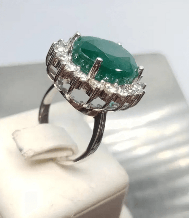 Beautiful 14kt White Gold ring set with untreated Emerald and diamonds total of 16.62ct. - SMSGEMS 