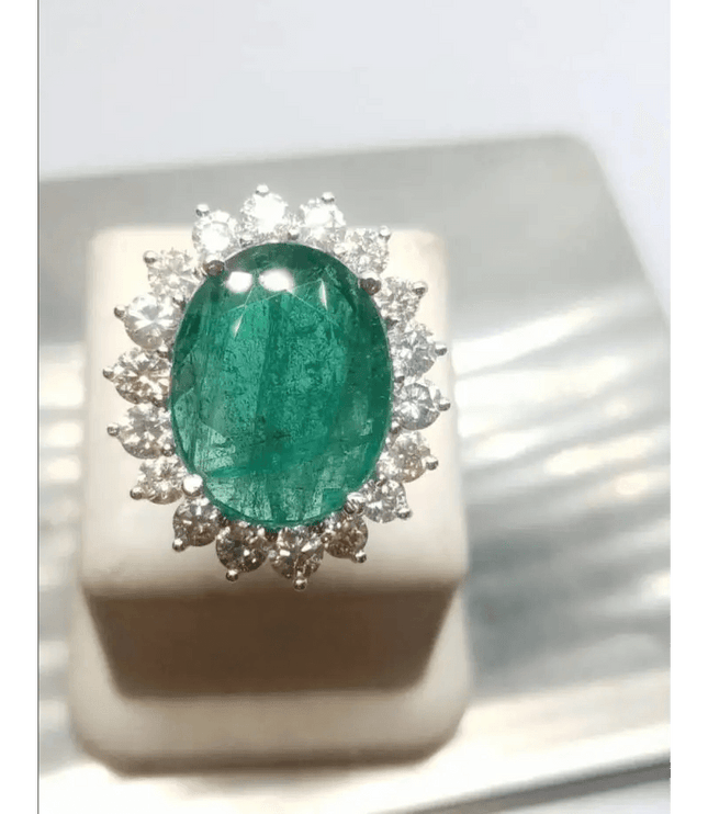 Beautiful 14kt White Gold ring set with untreated Emerald and diamonds total of 16.62ct. - SMSGEMS 