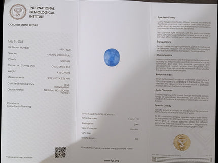 Blue Sapphire 4.25ct IGI Certified Natural only heated Oval Cut Loose Gemstone