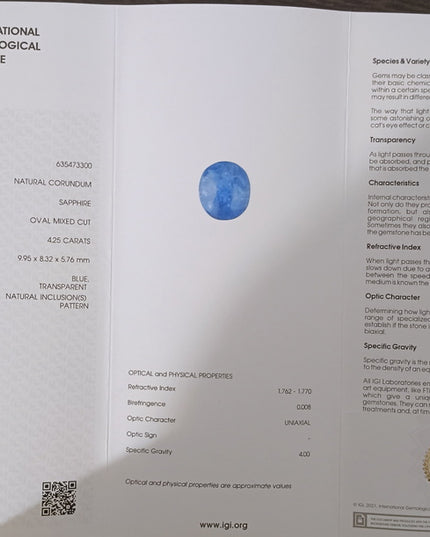 4.25ct IGI Certified Blue Ceylon Sapphire, Natural Gemstone