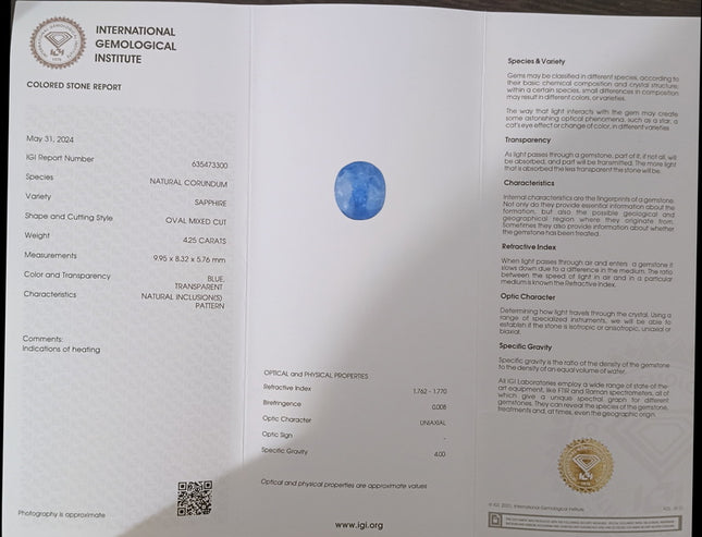 Blue Sapphire 4.25ct IGI Certified Natural only heated Oval Cut Loose Gemstone