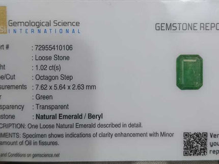 GSI Certified 1.02ct Zambian Emerald, Natural earth mined Gemstone