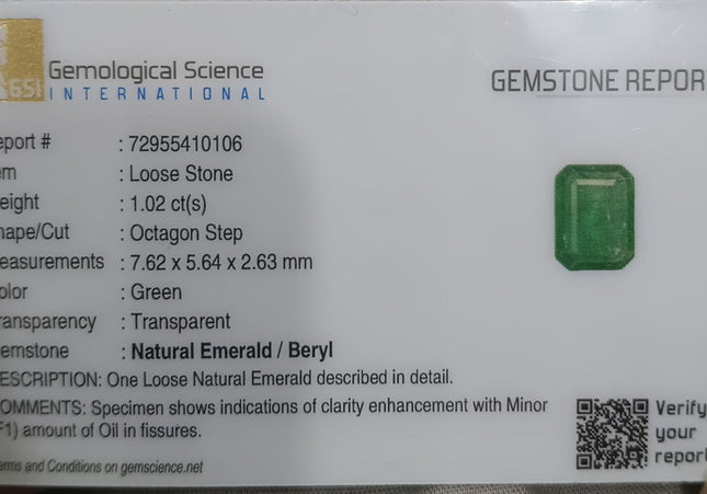 GSI Certified 1.02ct Zambian Emerald, Natural earth mined Gemstone