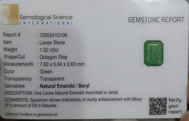 GSI Certified 1.02ct Zambian Emerald, Natural earth mined Gemstone