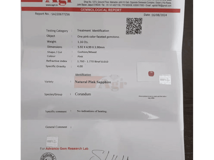 Certified 1.16ct Hot Pink Ceylon Sapphire, Natural untreated Gem - SMSGEMS 